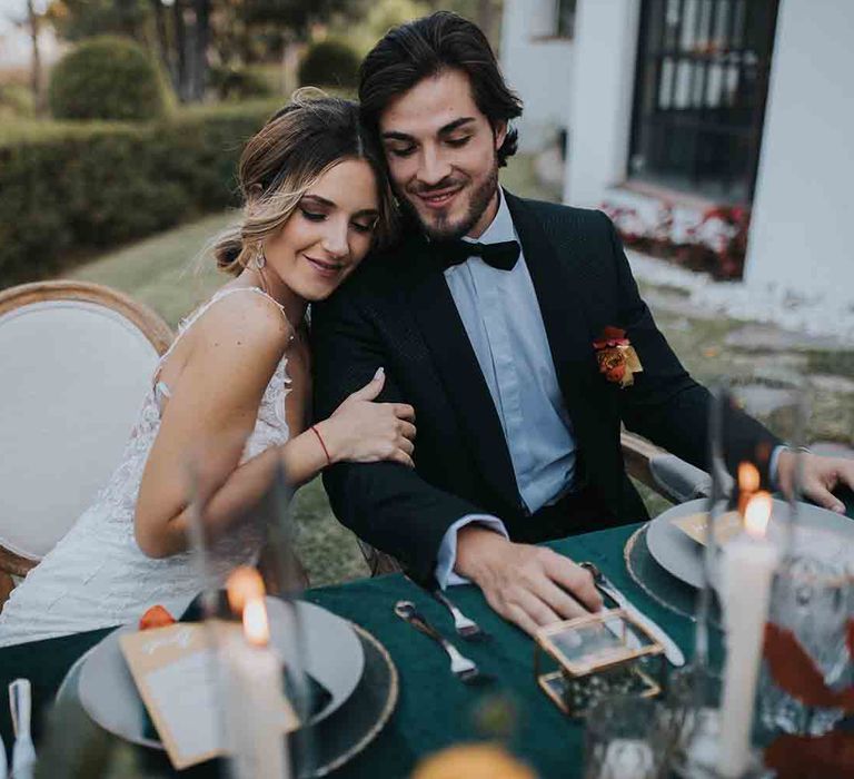 Bride hugs groom at romantic elopement in Spain