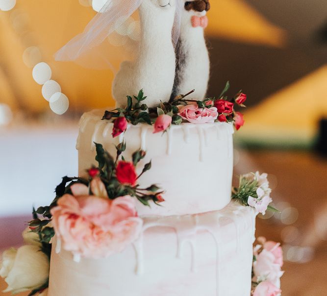 Felt alpaca wedding cake toppers for rustic tipi wedding 