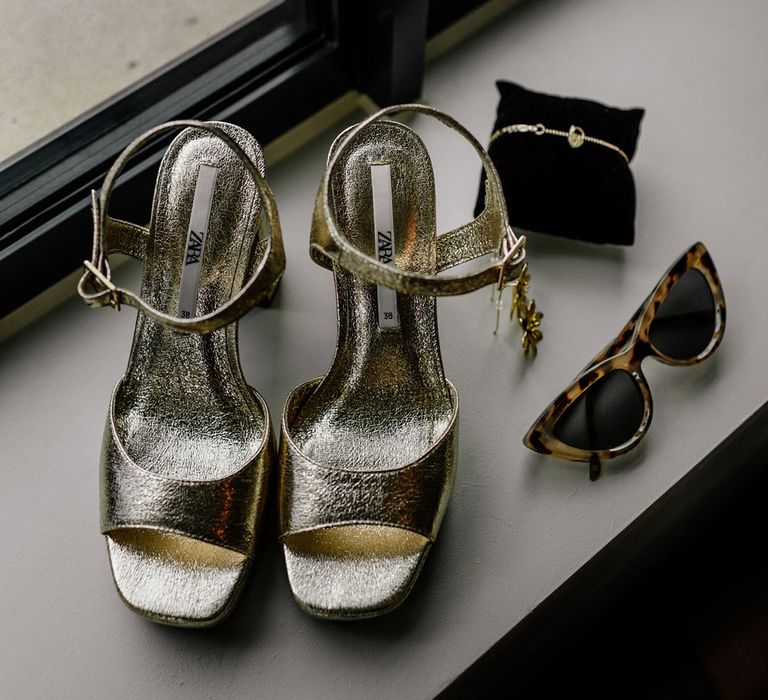 Zara gold platform heels, tortoise shell cat sunglasses & gold chain bracelet 