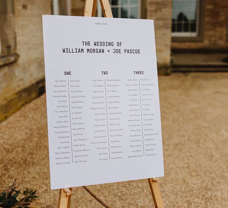 Plain white and black seating chart sign on wooden easel