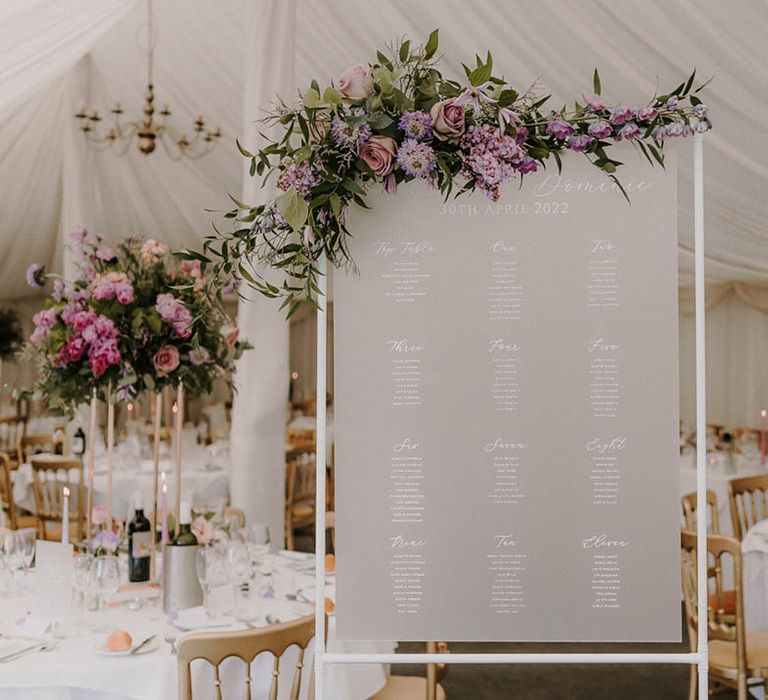 Frosted wedding table plan decorated with purple wedding flowers 