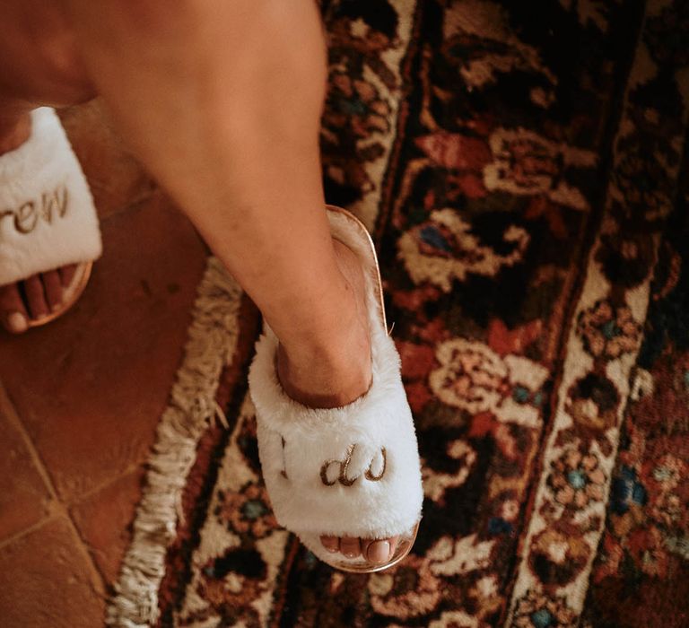 Slip on bridesmaid slippers that say 'I Do Crew'