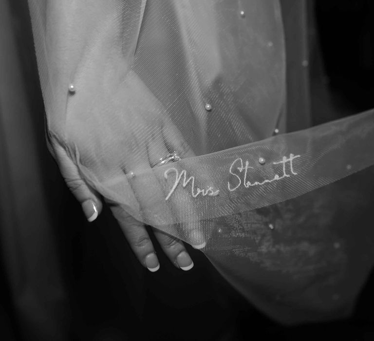 Pearl wedding veil with personalised embroidery 