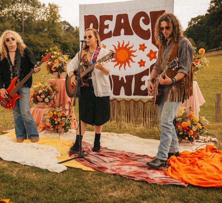 Woodstock wedding inspiration with live wedding band at 60s and 70s style wedding 