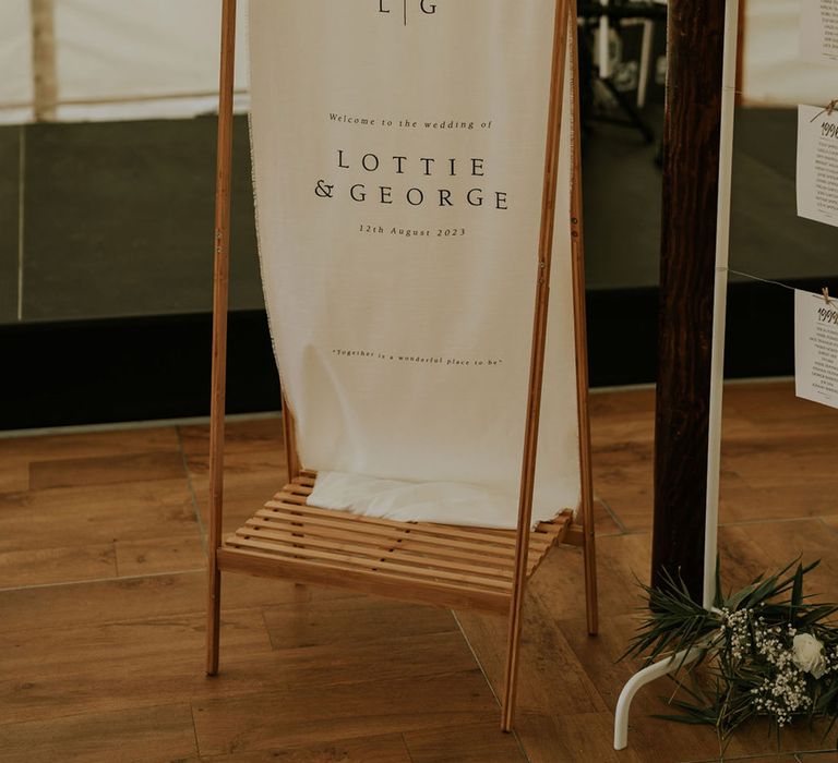 Fabric black and white minimalist wedding table signage 