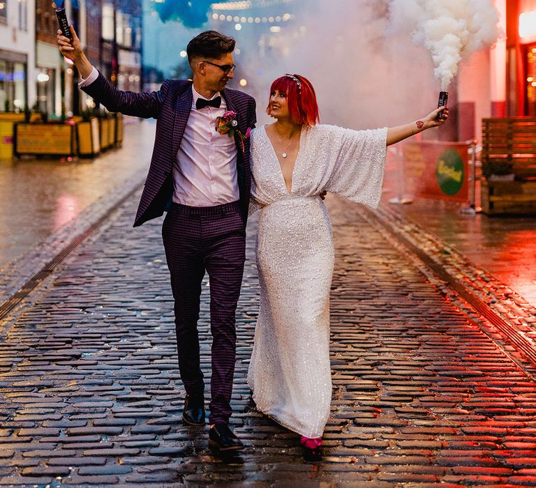 Blue and white smoke flare wedding photo couple portrait 