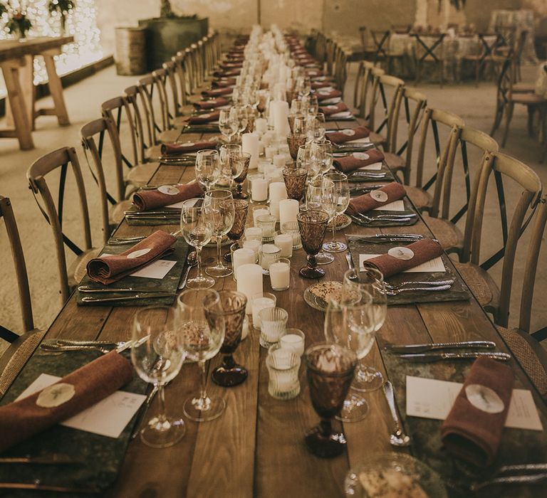 top table covered in industrial chic wedding decor