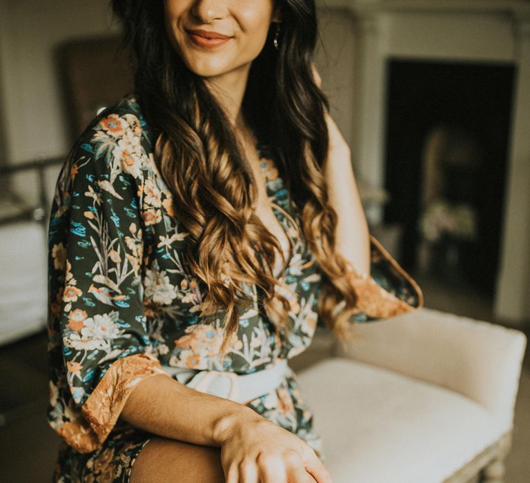 Bride in a floral pattern getting ready robe 