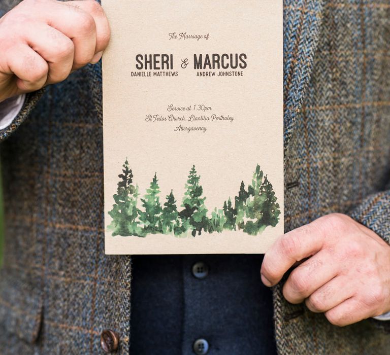 Rustic minimal brown paper wedding order of service booklet with forest illustration photographed by Eleanor Jane Photography