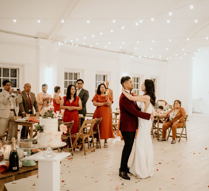 Bride and groom first dance at intimate Core Clapton wedding reception 