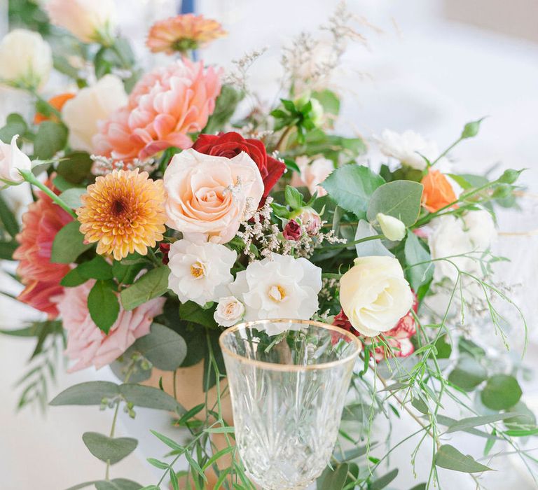 Roses, dahlias and eucalyptus leaves for table centrepieces at Hotel Marincanto wedding