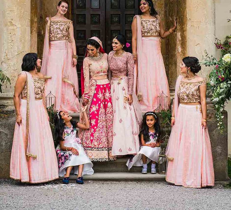 Pink bridesmaid dresses for Hindu fusion wedding at Elmore court