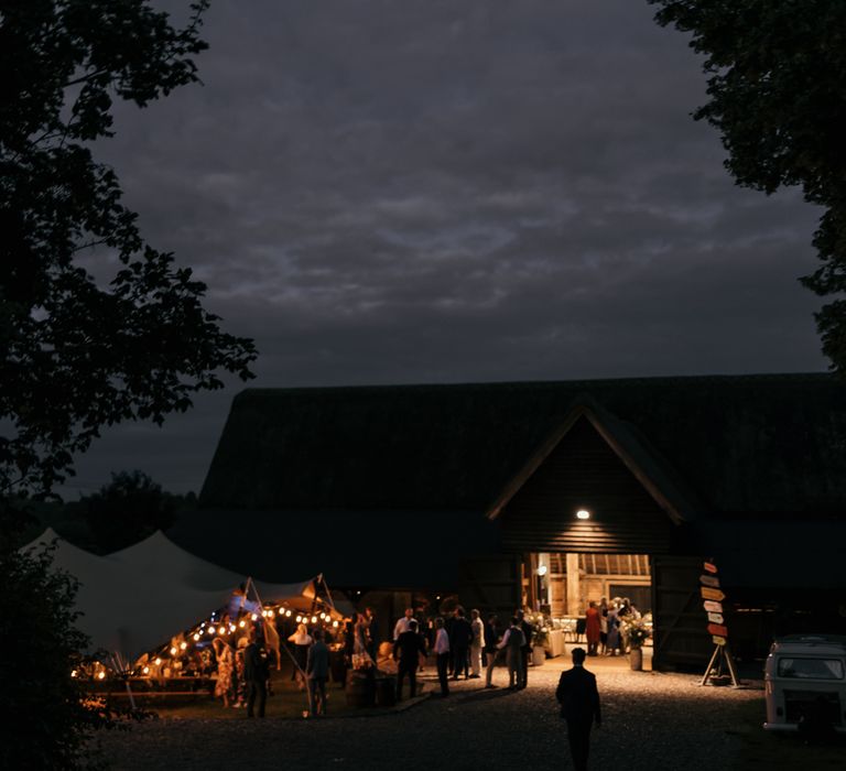 Rushall farm lit up at night during wedding reception complete with fairy lights 