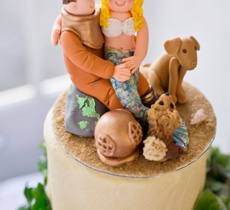 Royal icing diver, mermaid and dogs wedding cake topper 