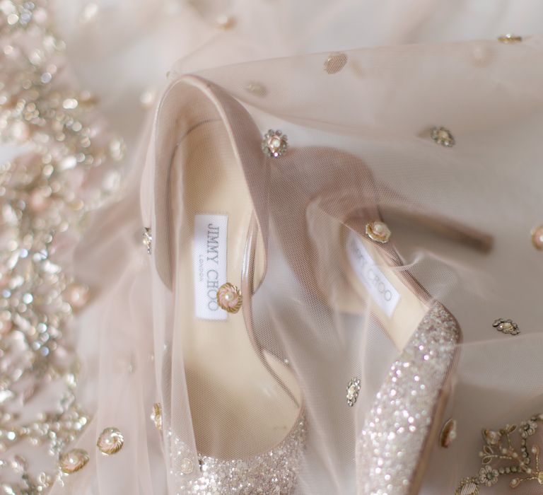 Jimmy Choo bridal shoes finished with glitter to the front