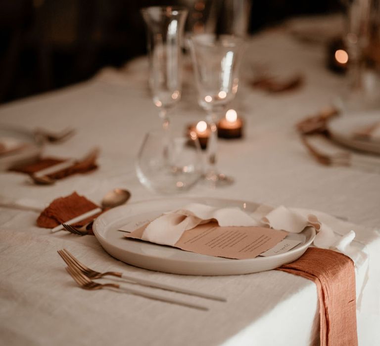 Peachy pink wedding tablescape 