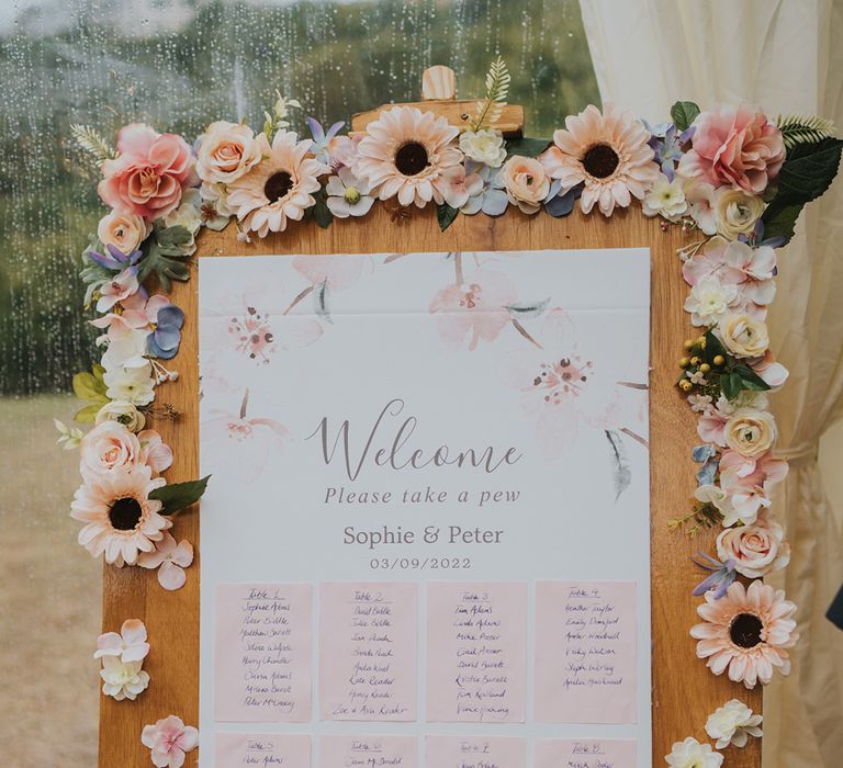 DIY wedding seating chart with pastel pink colour scheme and pastel wedding flowers decorating the sign 