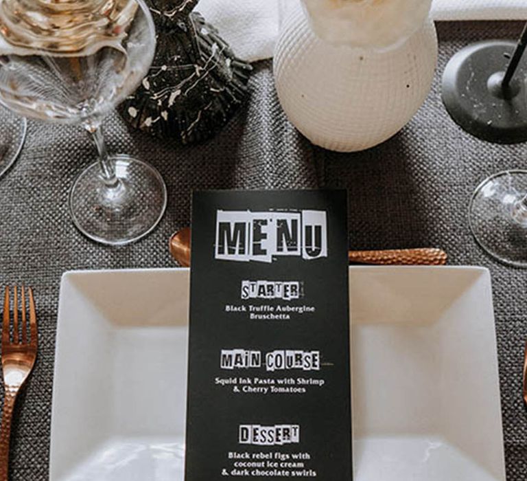 Black and white on the day wedding stationery and menu 