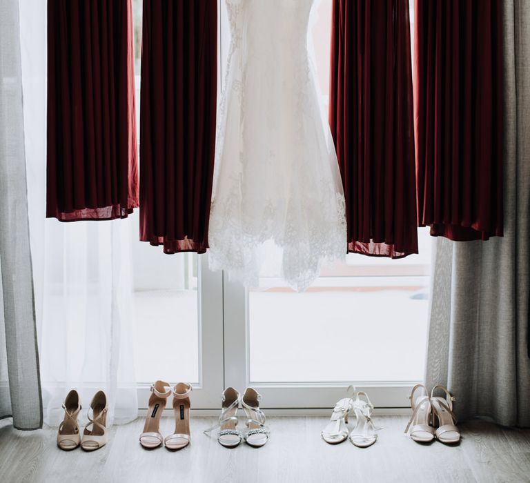 Wedding dress and burgundy bridesmaid dresses 