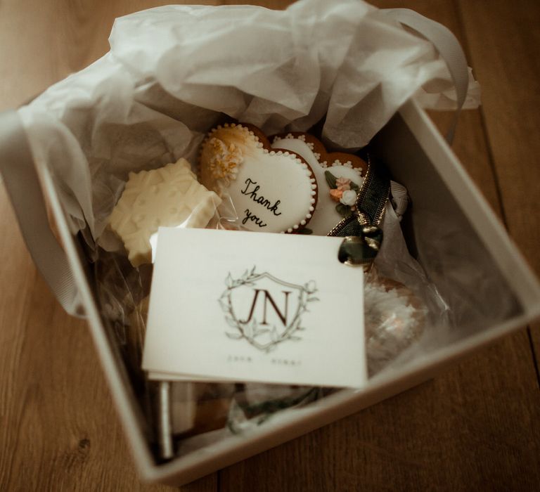 Gift box wedding favours for guests in lieu of a wedding reception, full of Cezch treats