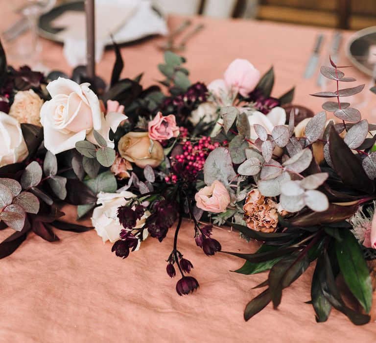 Burgundy, blush pink and dark green table runner flowers 