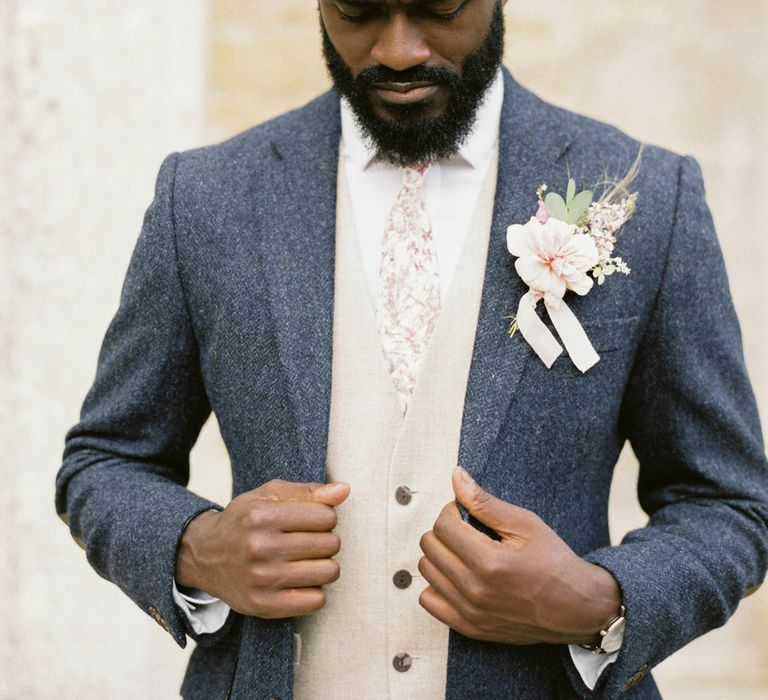 Navy blue tweed suit by The Cotswold Tailor for English garden party wedding