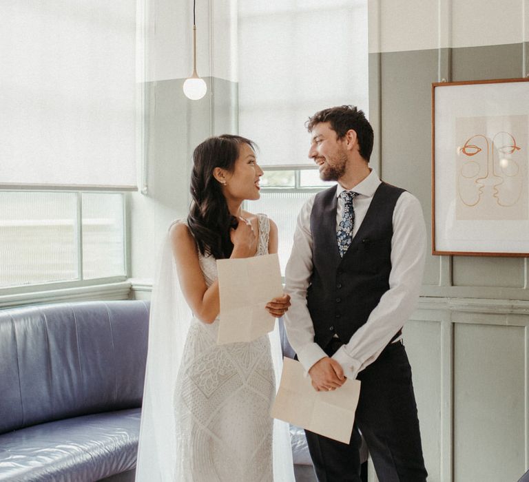 The bride and groom making their wedding speeches