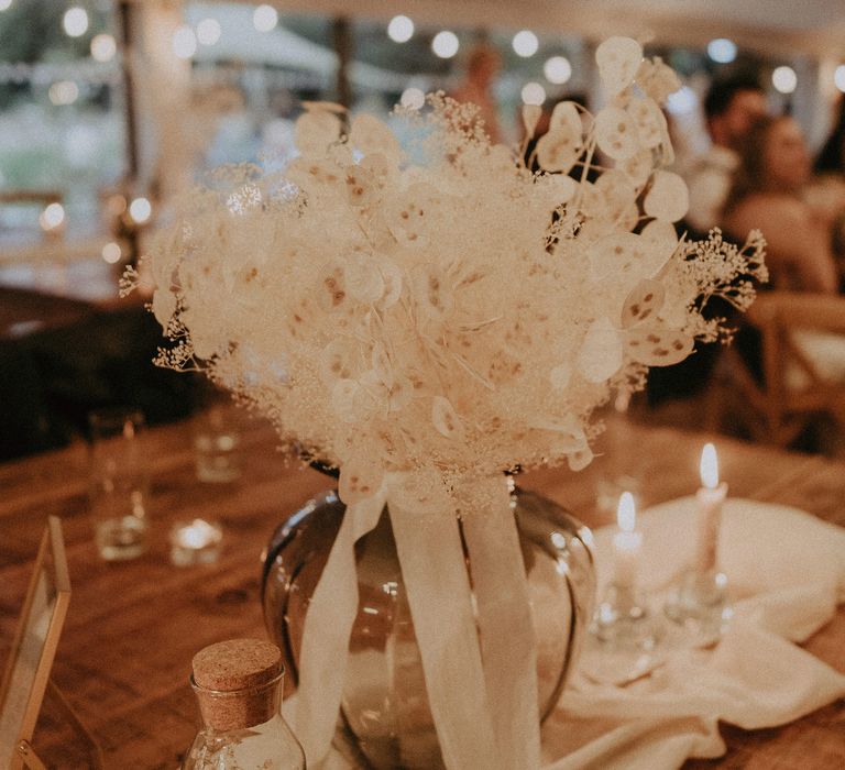 Dried white flower wedding table centrepieces