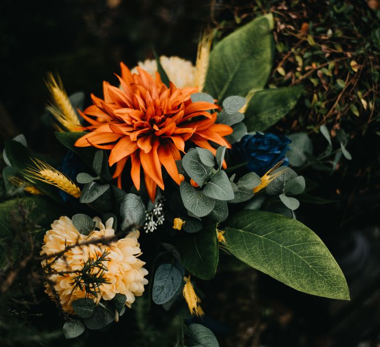 Orange, yellow and green tropical wedding bouquet for rustic farm wedding