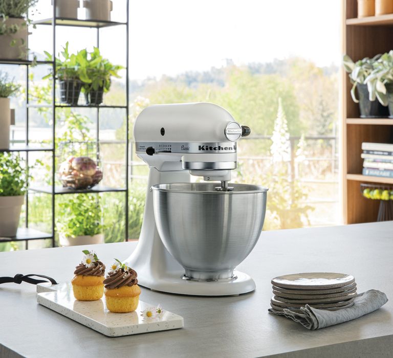 White KitchenAid Stand Mixer in a kitchen