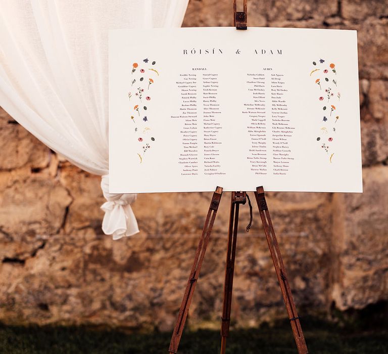 Simple wedding table plan/seating chart with small flower design