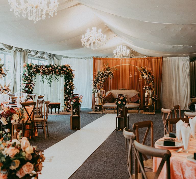 Boho styled wedding complete with Autumnal colour scheme and floral arch 