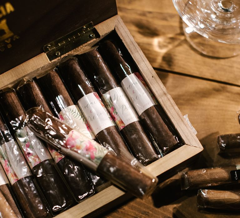 tray of cigars with wedding stationery design wrappers