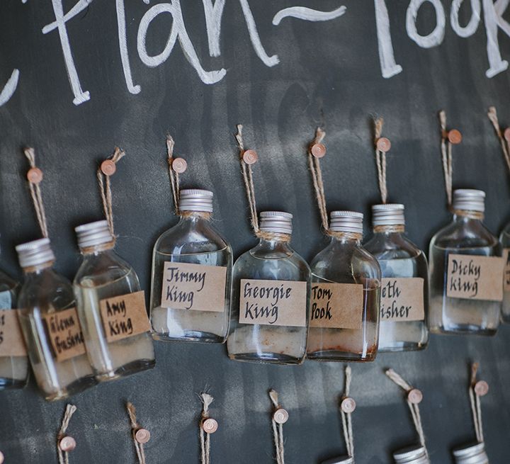 Drinks bottle table plan with brown name tags on each bottle