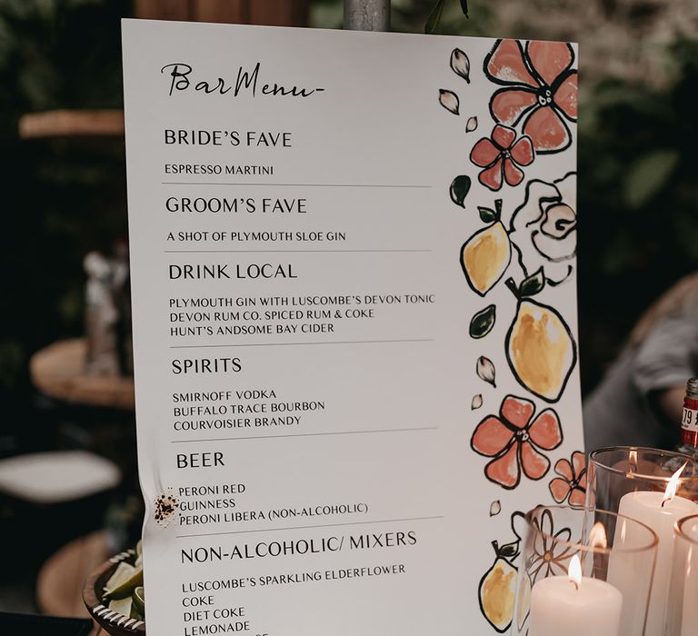 Lemon and floral wedding drinks menu sign with custom signature cocktails 