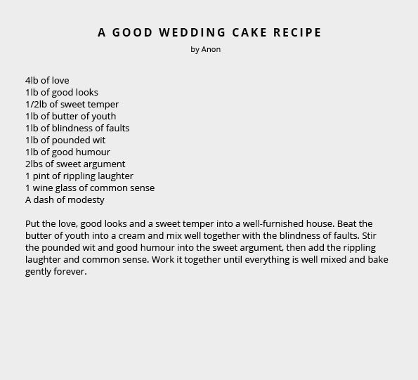 A Good Wedding Cake Recipe by Anon | Funny Wedding Reading