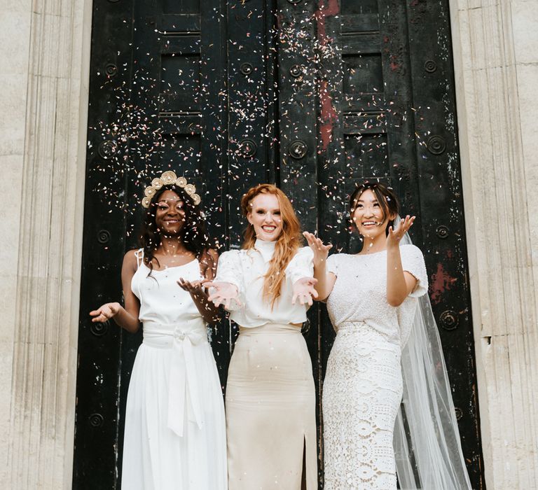 Wedding inspiration with three brides in casual wedding dresses