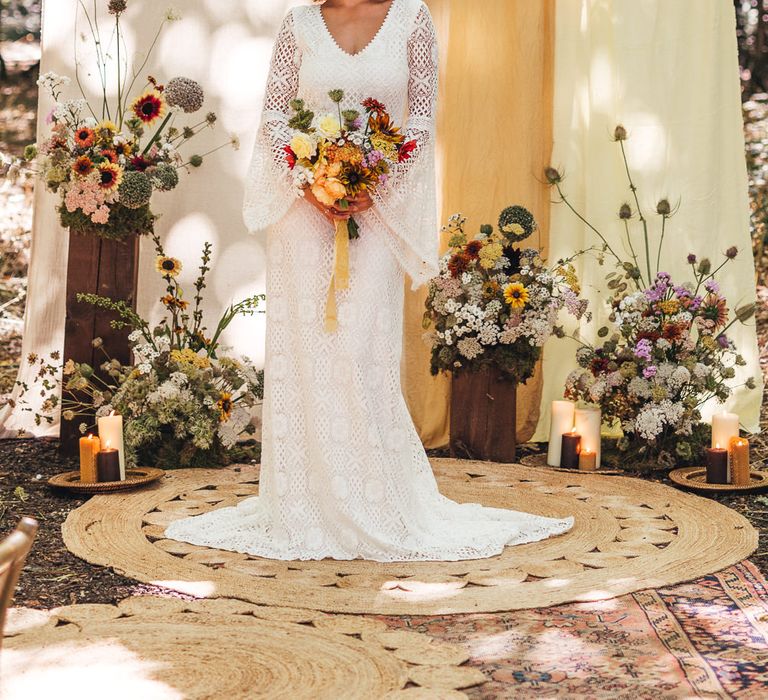 Bride in floral crown with bright & bold bouquet 