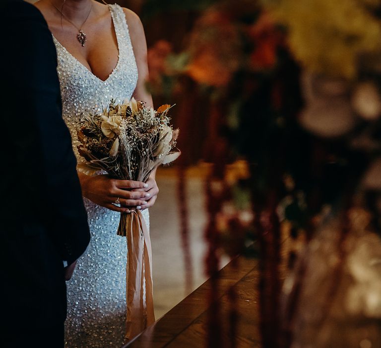 Neutral and dusky pink dried flower wedding bouquet 