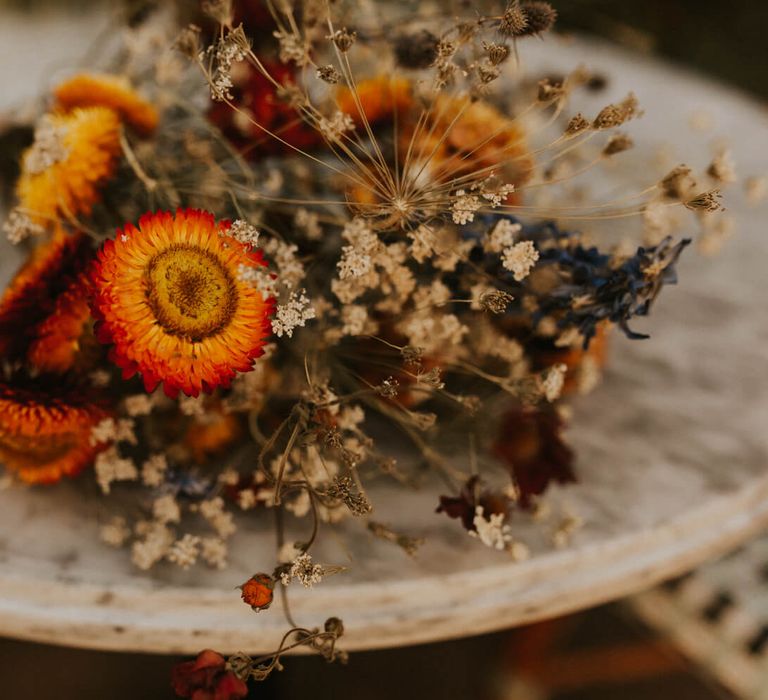 Orange and green bridal bouquet for London elopement