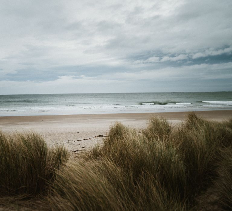 Grass at the forefront of the beach with clouds above the sea at Bamburgh Castle