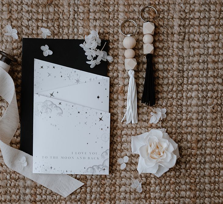 Black white and grey moon and stars wedding stationery design 