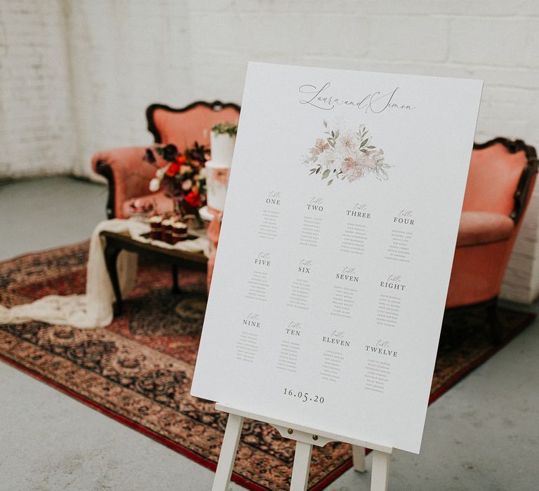 Wedding seating chart on a white easel with pink floral design