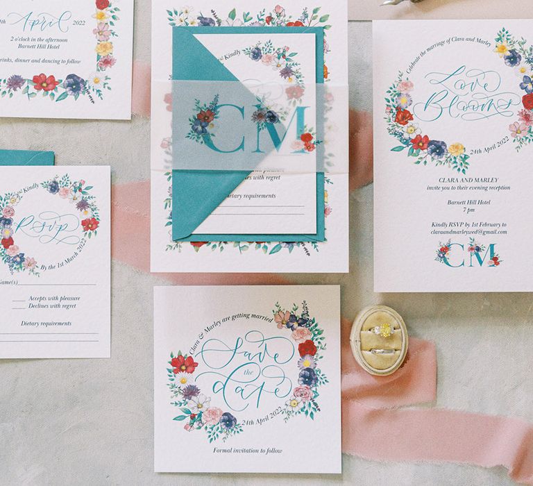 Colourful wedding stationery suite with floral design 