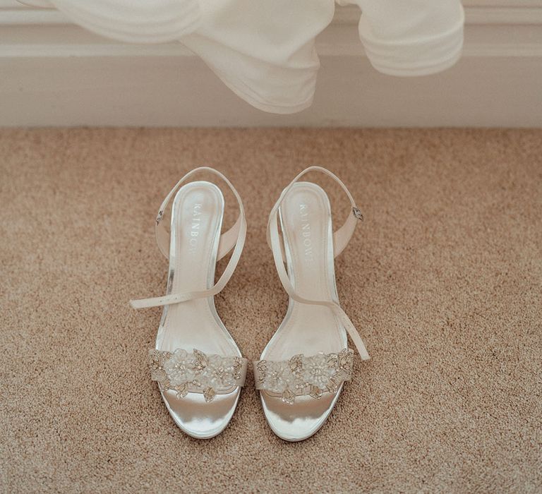 Rainbow Club bridal wedding shoes with an ankle strap and beaded flower detail 