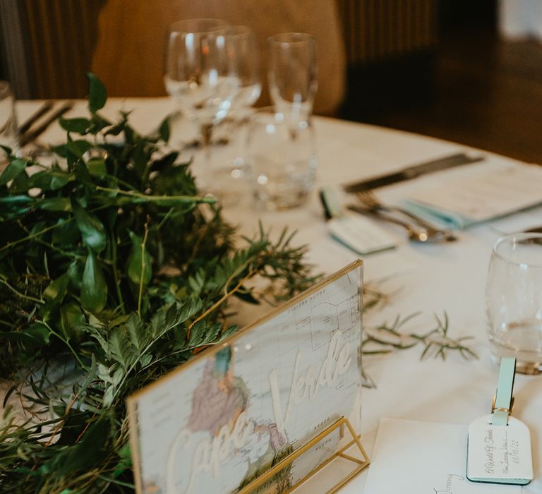 Travel styled table names with map and gold lettering  