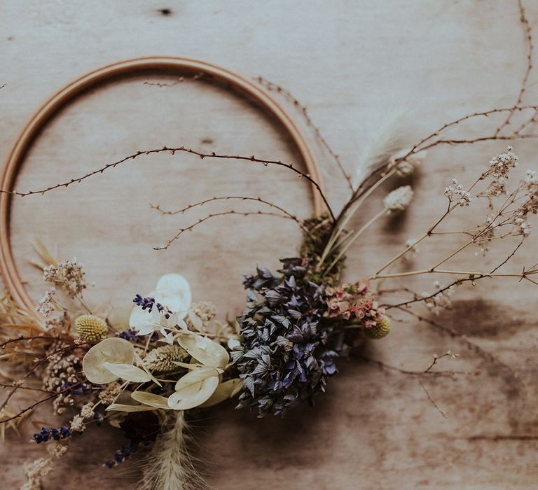 Dried wedding flower decoration at boho same sex wedding 