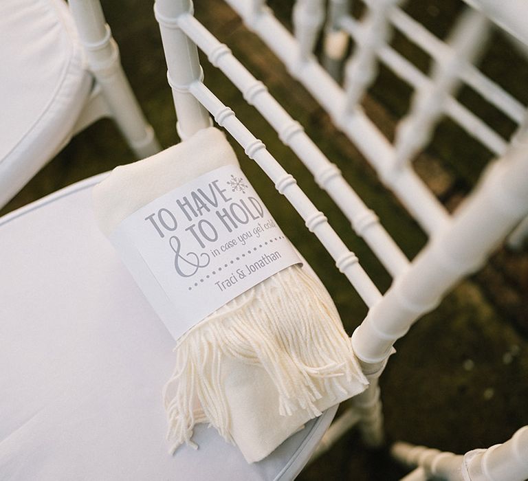 Blanket wedding favours for guests at winter wedding 