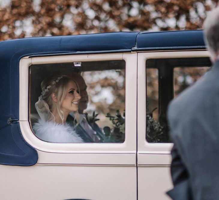 Vintage wedding car hire for Cotswold barn wedding