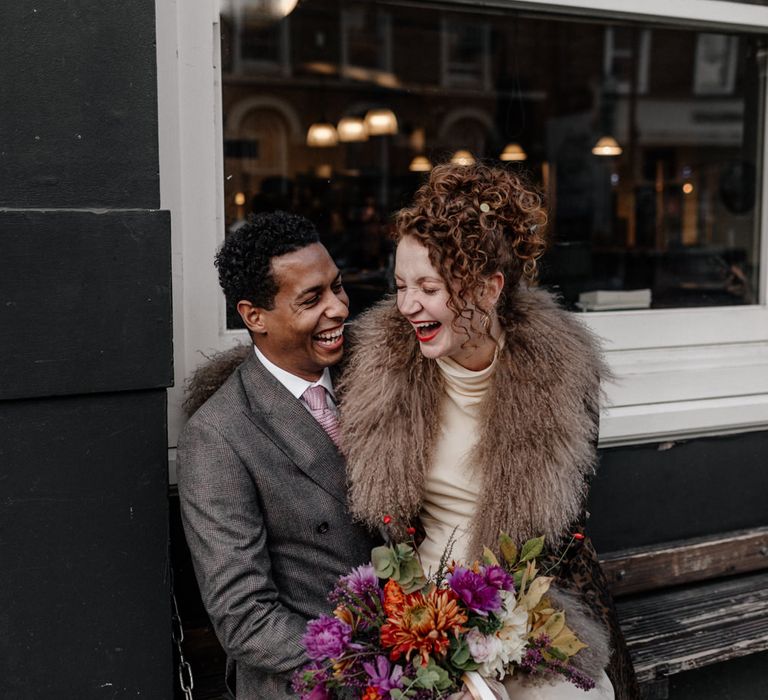 Bride and groom at London pub wedding